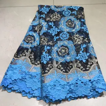 

(5yards/lot ) 2019 High Quality Nigeria Lace Fabric Latest Stones Mesh African Net Lace Fabric Swiss Volie Blue Lace Fabric gold