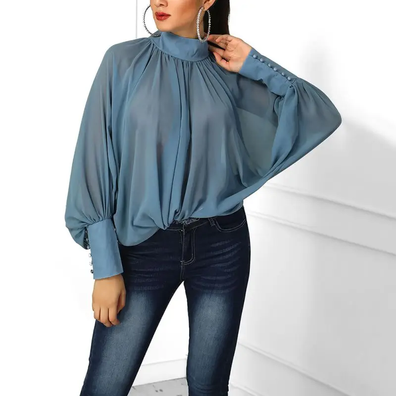 

Women Solid Color Blouse Casual Sweet Solid Color Puff Sleeve Half-high Collar Bottoming Tops
