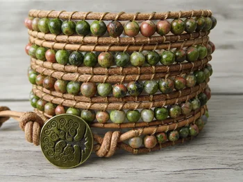 

Boho 5 Wrap Bracelet gypsy Leather wrap bracelet Unakite beads bracelet natural stone Jewelry friendship gift