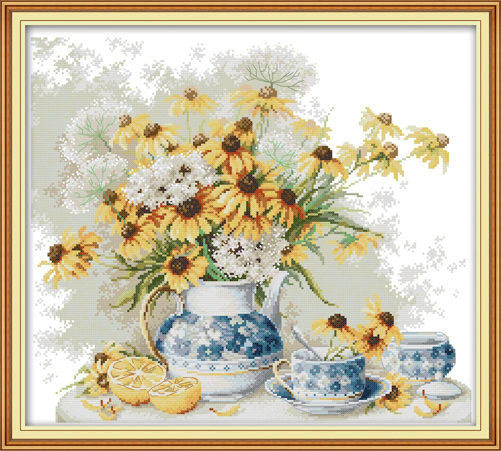 

Daisies and blue and white porcelain cross stitch kit aida 14ct 11ct count print canvas stitches embroidery DIY handmade
