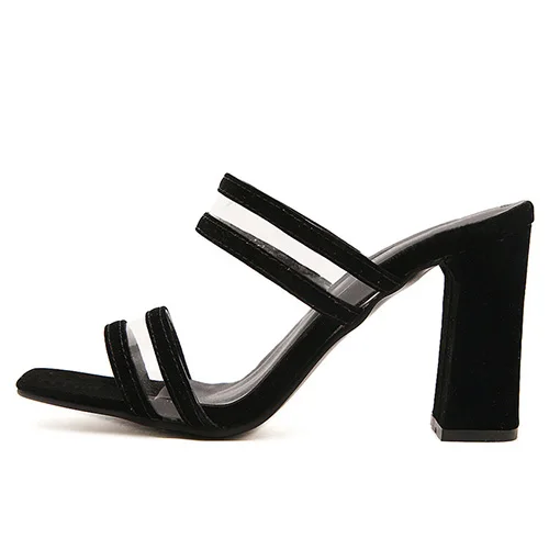 BYQDY/Новинка года; модные шлепанцы; женские Летние слипоны с открытым носком; женская обувь из флока и ПВХ; тапочки на высоком каблуке; Акция; распродажа - Цвет: black shoes