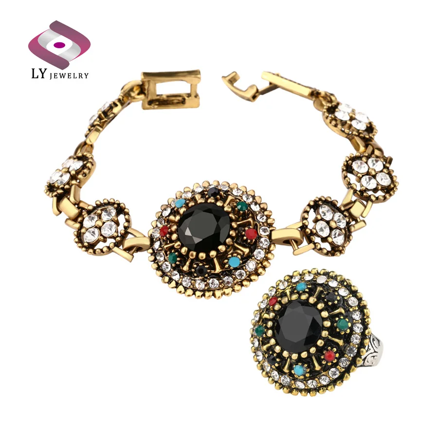 

Vintage Jewelry Stes Gold Color Bracelets Black AAA Resin Bracelet And Ring For Women Mosaic Crystal Gift
