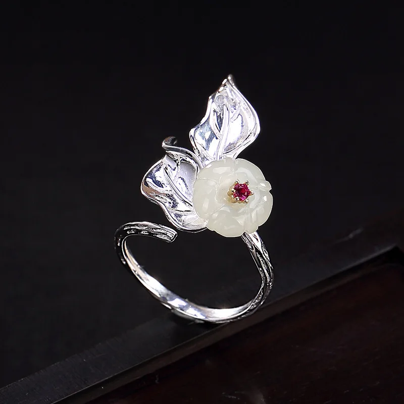 

Joseph Mola 925 Sterling Silver Handmade Pink Gemstone Natural HeTian Jade Plum Flower Open Rings For Women Fine Silver Jewelry