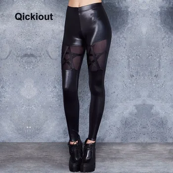 

Qickitout women high waist leggings Leather pants black sexy costumes stars mesh Stitching women spring pants for party club