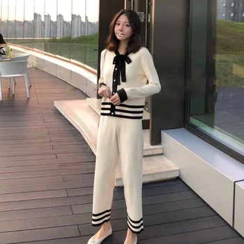 

Korean Style Knitted 2 Piece Set Women V-neck With Bow Single Breasted Tops Full Length Pants Casual Women Sets Clothes