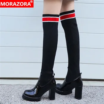 

MORAZORA 2020 New over the knee boots women patent genuine leather Elastic socks boots slim sexy high heels platform high boots