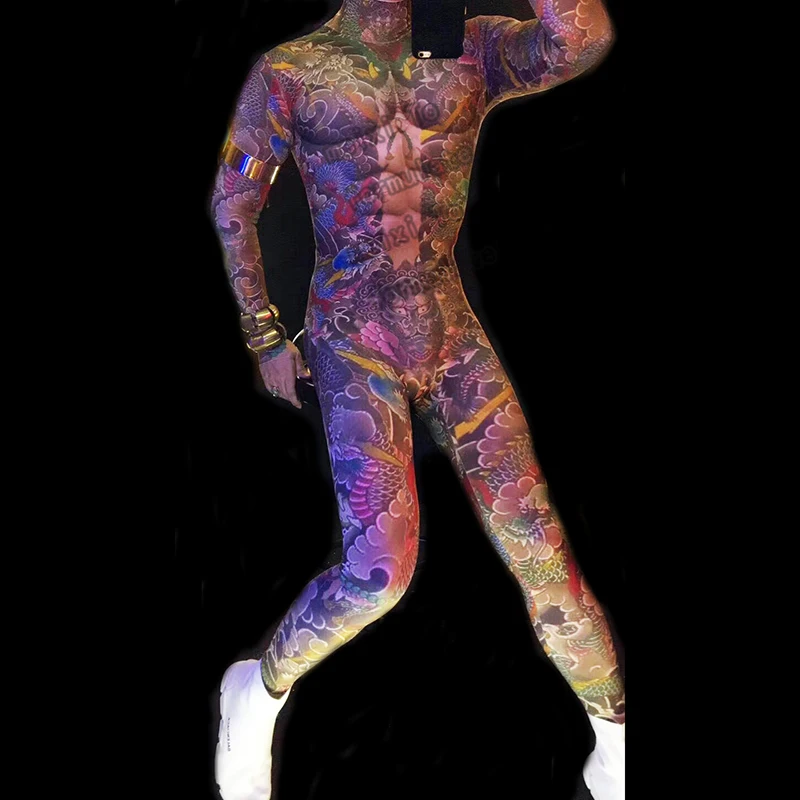 

Men's muscular sexy tattoos elastic jumpsuit, nightclub concert, singer, dancer, costume