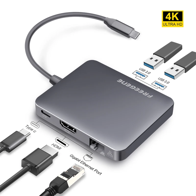 

Freegene 5-in-1 USB C Hub 3.0 Type C HUB With PD Charger 4K Video HDMI 1000Mbps RJ45 USB 3.0 HUB for MacBook Samsung Galaxy S9