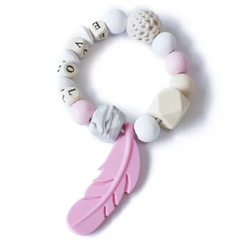 

Baby Teething Toy Silicone Wood Beads Baby Teethers Feather Pendant Chewing Toy Gifts For Baby