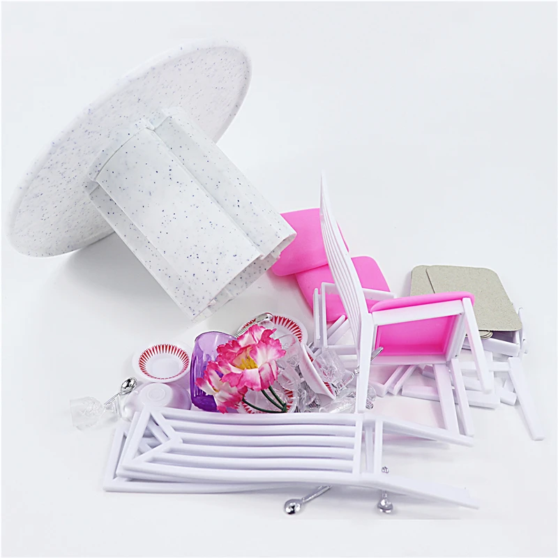 Мебель для Барби, столовая, Миниатюрный белый фарфоровый обеденный стол, игровой набор с 4 комплектами столовых приборов, стульев для куклы 1/6