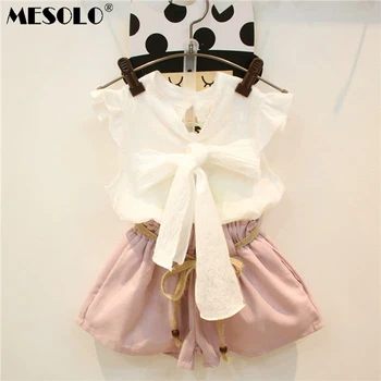 

MESOLO 2019 summer new children's clothing set white baby girl's clothes sets bow tie with sleeveless shirt + shorts