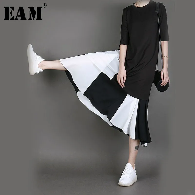 

[EAM] 2019 Spring Woman High Elastic Waist Black Hit Color Knee-length Loose Half-body Skirt Fashion Tide All-match JG163