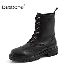 BESCONE Brand Shoes Woman Stylish Genuine Leather Ankle Boots Square Heel Outside Round Toe Casual Handmade Ladies Boots BO260