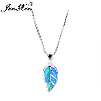 

JUNXIN Cute Leaf Pendant Blue Fire Opal Necklace For Women Silver Color Necklaces Fashion Wedding Jewelry