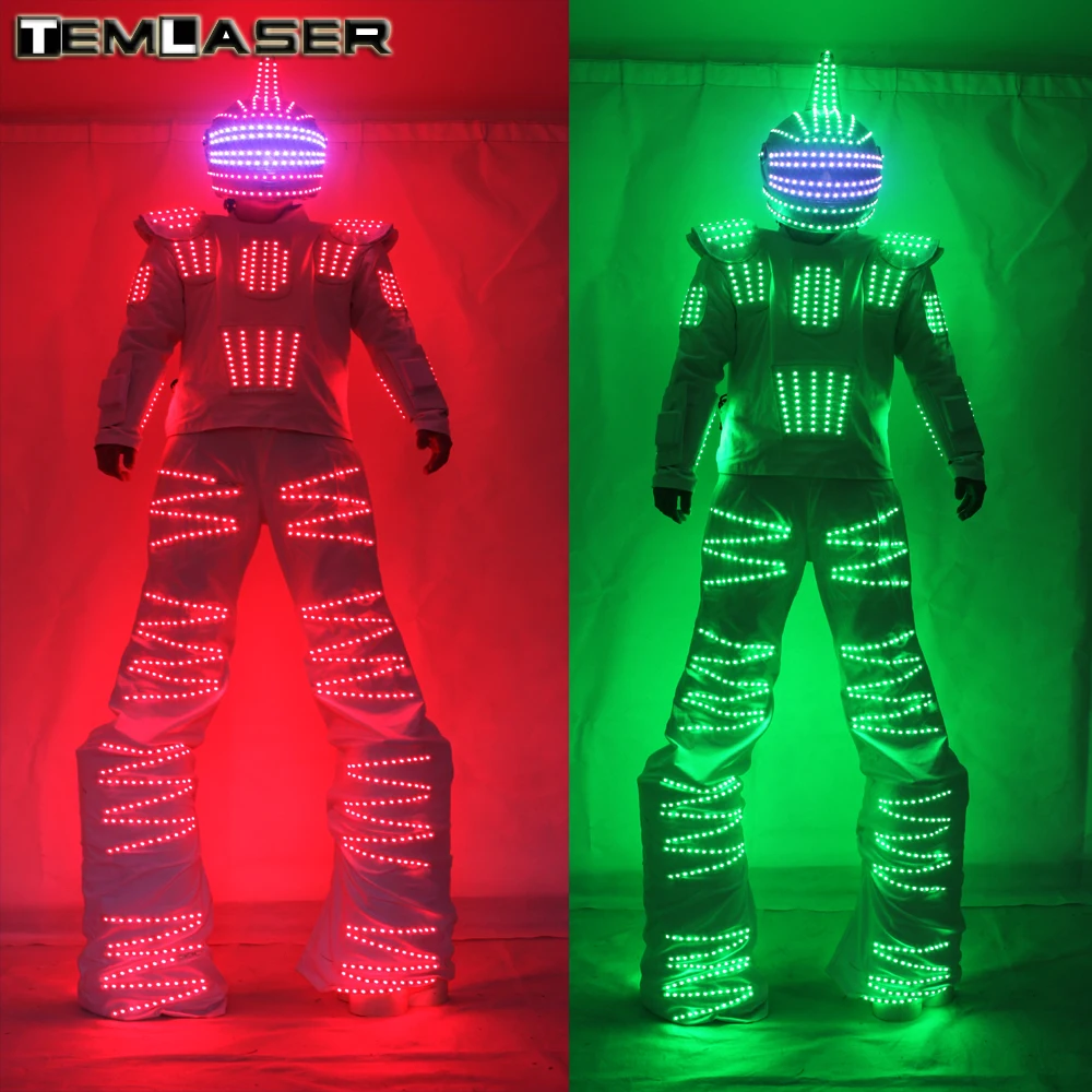 

Colorful RGB LED Luminous Costume With Helmet LED Clothing Light Stilt Robot Suit Kryoman David Guetta Robot Dance Wear