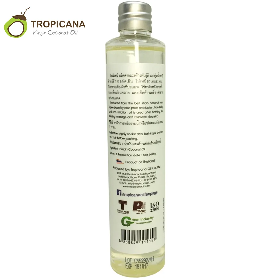 Tropicana 100% Natural orgánico aceite de coco Extra virgen Tailandia mejor prensa fría aceite de coco cuidado de la piel aceite esencial