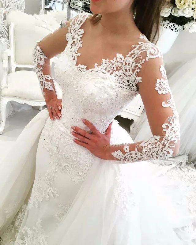 Очаровательное Кружевное белое платье-Русалка с длинным рукавом с v-образным вырезом и аппликацией свадебное платье со съемным шлейфом невесты на платье невесты свадебное платье