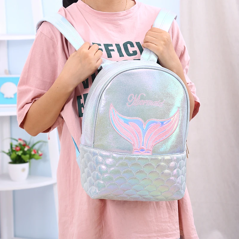 

Student Laser Mermaid Backpack Children Soft Zipper Tail Schoolbag For Teenager Girl PU Letter School Backpack Women Travel Bag