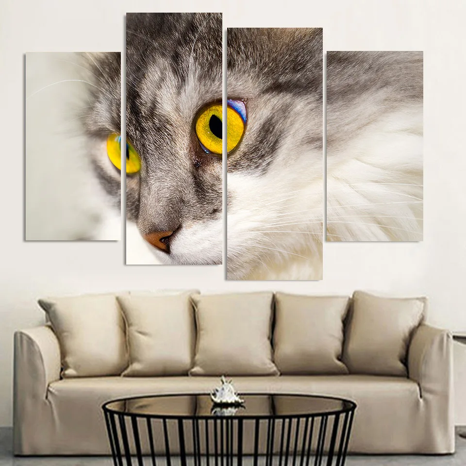 Modern Canvas Art Painting Cute Cat Stare Fluffy Face HD Printed Wall