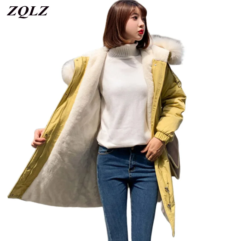 Zqlz Winre Parka Mujer размера плюс, тонкая длинная куртка с хлопковой подкладкой, женская утепленная зимняя куртка с меховым воротником, пальто с капюшоном для женщин
