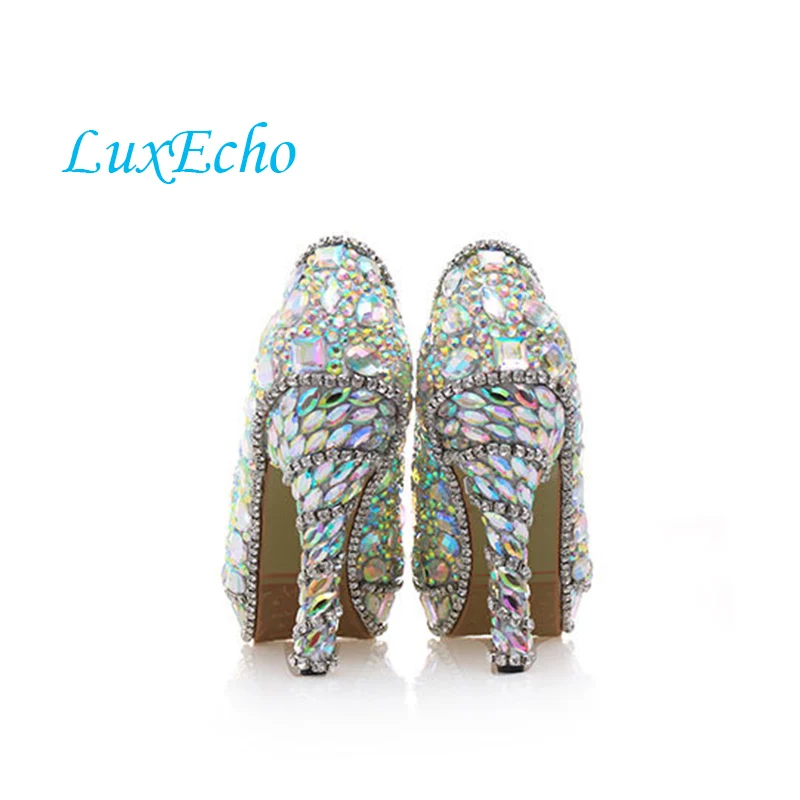 AB/Свадебная обувь с кристаллами женские туфли на высоком каблуке для невесты Вечерние модельные туфли для девочек Женская обувь на платформе с открытым носком, большие размеры