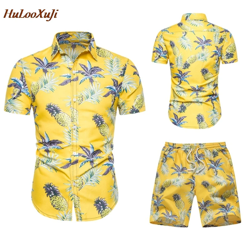 

HuLooXuJi Men Summer Sets Fashion Yellow Print Shirts +Shorts Two Piece Set Short Sleeve Shirts Tracksuits US Size:S-2XL