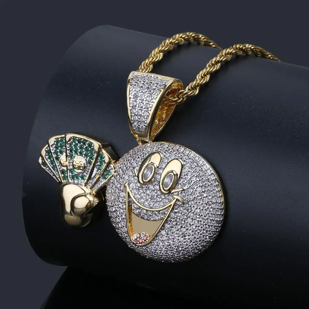 

Cartoon emoji cute facial expression hold fan hip hop pendant AAA cubic zirconia two-color Ice out gold silver necklace