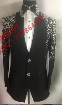 

Plus Size Mens Fashion Suit Male Black Slim Rhinestone Formal Dress Stage Show Suit For Singer Dancer Performance Wear