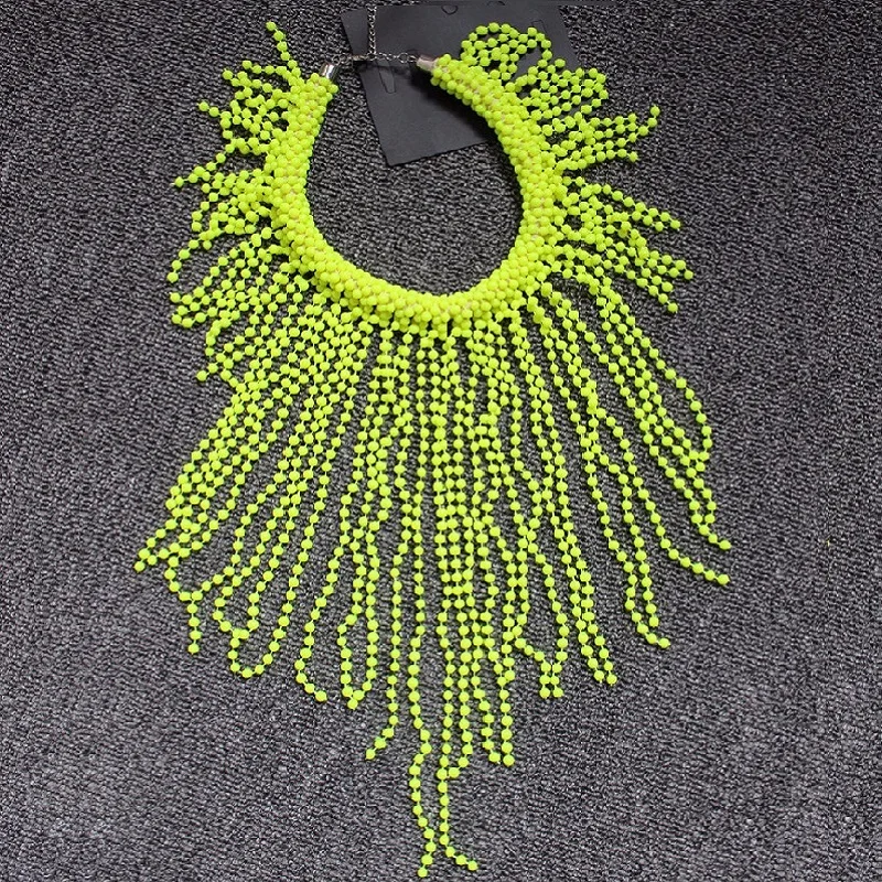 

Handmade CHIC Ins European Fashion Neon Yellow Statement Women Long Chokers Punk Chunky Tassels Chains Beading Necklace Shawl