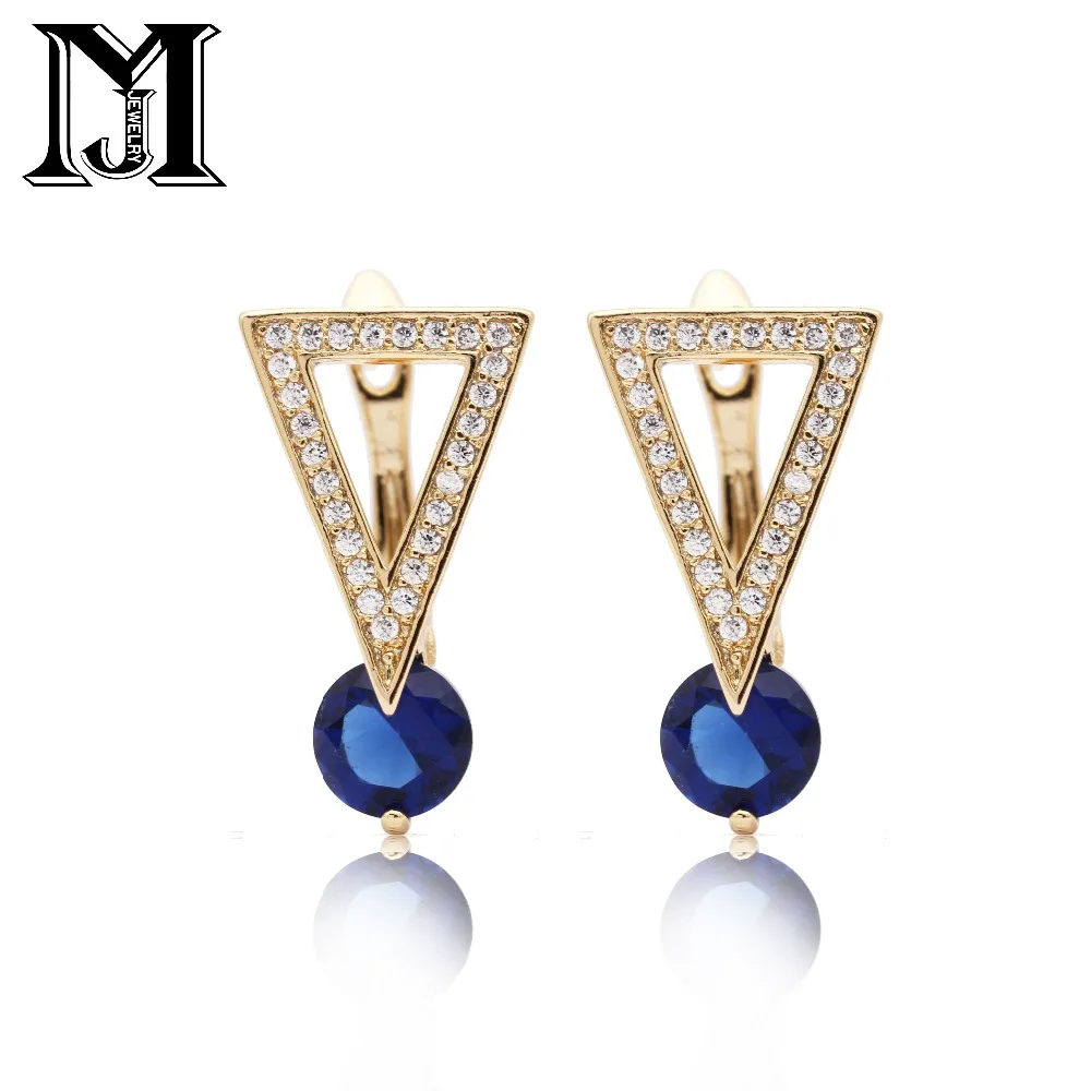 

JiaMu new hot 585 rose gold triangle blue natural zircon pendant earring lady fashion AAA+ wedding party jewelry earrings