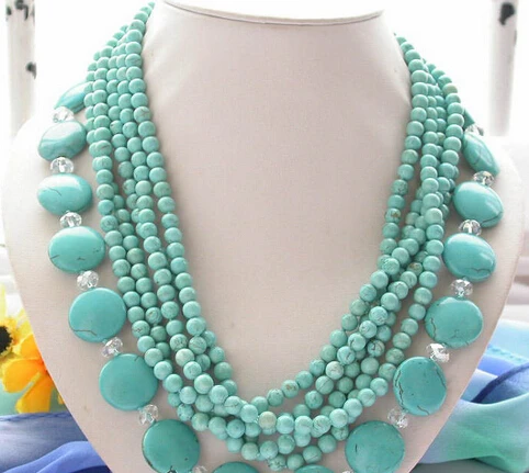 

FREE SHIPPING>>>@@ > N2965 beautiful 6row 21" blue round & coin Turquoise bead crystal NECKLACE
