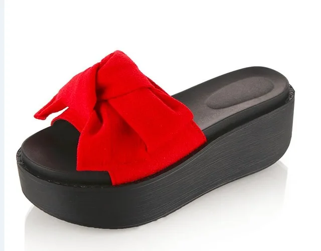 Большой бант-бабочка; женская Пляжные сланцы; летние Нескользящие сандалии босоножки, сандалии на платформе E025 - Цвет: Красный