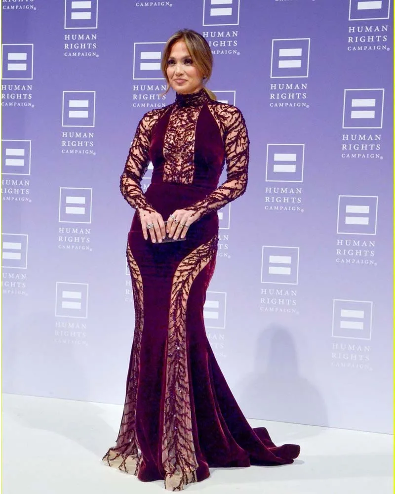 Hot Jennifer Lopez Celebrity Dresses 2016 High Collar Beaded Tulle Hot Jennifer Lopez Celebrity Dresses 2016 High Collar Beaded Tulle Velvet Sheer Back Long Sleeve Mermaid Evening On Aliexpress Alibaba Group