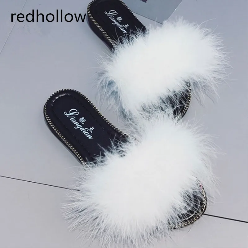 Летние шлепанцы модные с перьями страуса пляжные Pantufa 2018 меховые Вьетнамки