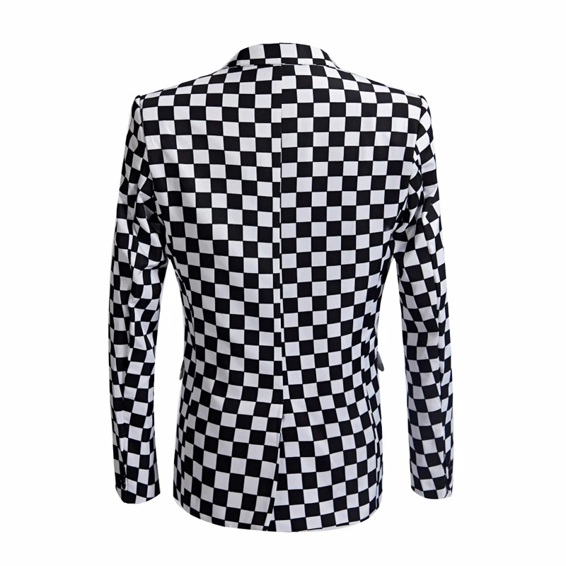 SHENRUN Fashion Suit Men Black White Plaid Print 2 Pieces Set Latest Coat Pant Designs Wedding Stage Singer Slim Fit Costume