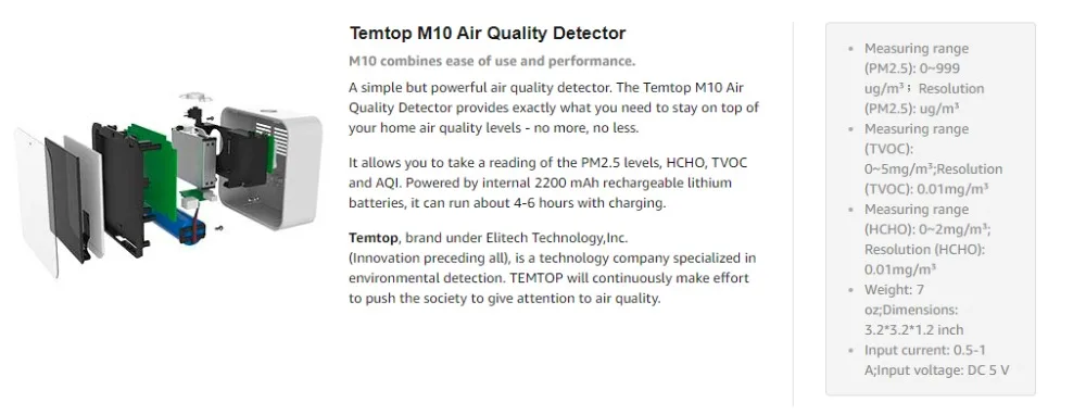 Temtop PM2.5 HCHO TVOC AQI Домашний Уход за качеством воздуха монитор электрохимический датчик детектор в режиме реального времени дисплей перезаряжаемый