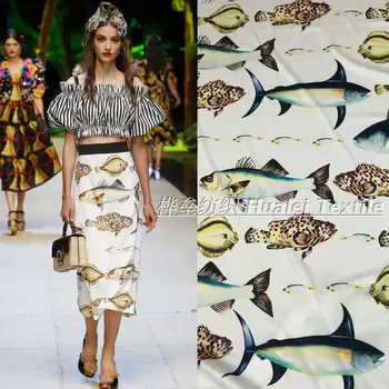 

145cm sea fish print clothing fabric diy shirt dress scarf fabric clothing polyester fabric material wholesale cloth