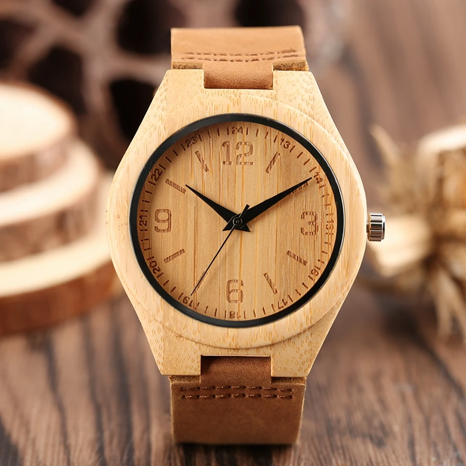 YISUYA Men's Watch Nature Wood Bamboo Watch Handmade Timber Clock Casual Sport Quartz Wrist Watch Genuine Leather Band Strap  (15)