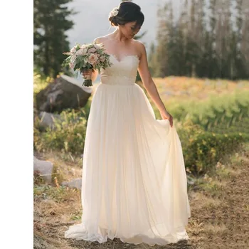 

Simple Chiffon Appliques Long Beach Wedding Dresses Sweetheart A-line Summer Informal Reception Bridal Gowns Custom Made