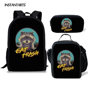 

INSTANTARTS Cute Cartoon Raccoon School Bag for Girl Boy College Student School Bag Laptop Rucksack Bagpack 3pcs Set Schoolbag