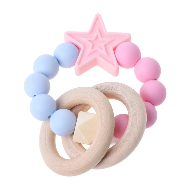 Baby Teether Bracelet Silicone Natural Wooden Rings Nursing Chew Beads
