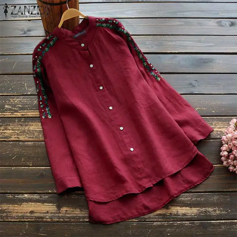 ZANZEA Осенняя винтажная рубашка с вышивкой и длинным рукавом, женские повседневные Длинные Топы с пуговицами, хлопковые льняные блузки, женские свободные блузы