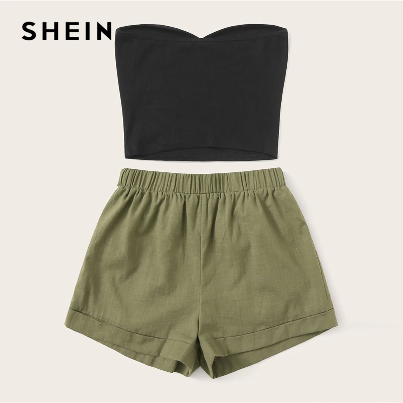 SHEIN, однотонный топ-труба и шорты с поясом, набор,, Повседневный, летний, без бретелек, без рукавов, бандо, прямой, Женский комплект из двух предметов