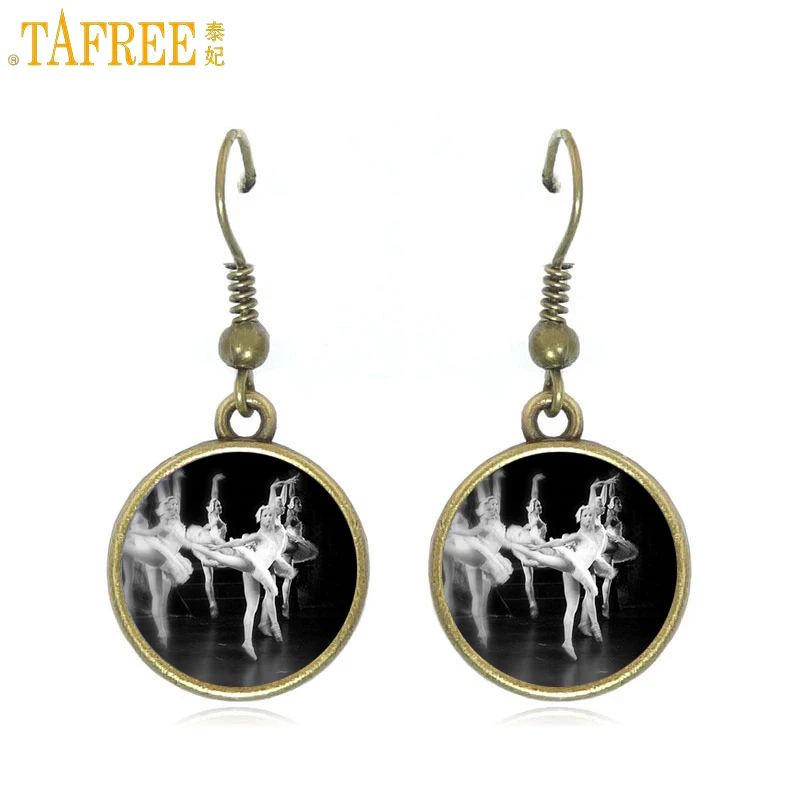 

TAFREE vintage dance class jewelry gift women ballerina dangle earrings handmade glass cabochon ballet charm drop earrings NS654
