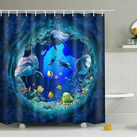 100% Polyester Fabric Undersea Sunshine Dolphin Shower Curtain Bathroom Hooks 