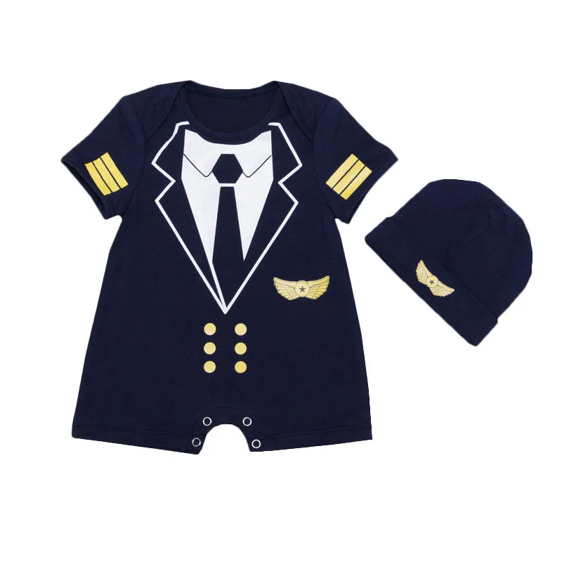 

Blue Flight Captain Baby Romper Set Toddler Newborn Clothing Newborn Baby Boys Clothes Kids Romper Playsuit + Hat 2pcs Set