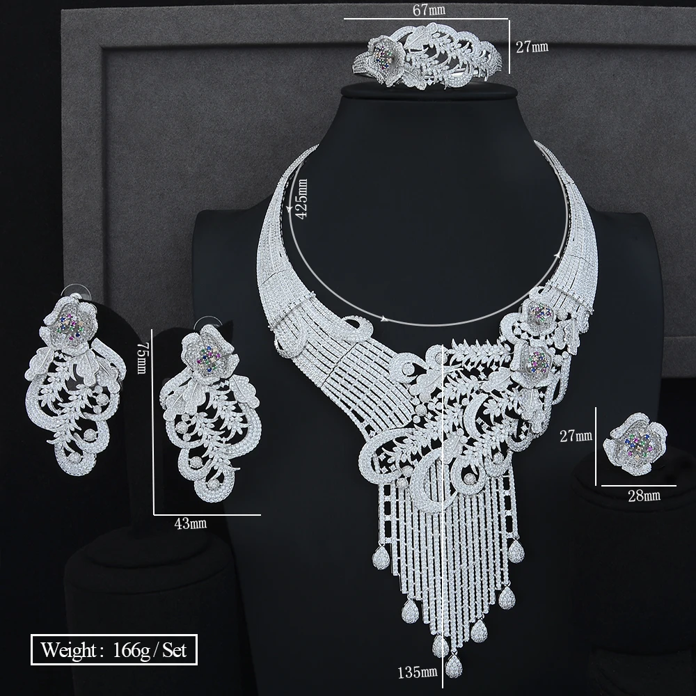 Luxury Peacock Tail Wedding Engagement Stage Occasion Necklace Bracelet Earring Ring Jewelry Sets High Quality Cubic Zirconia