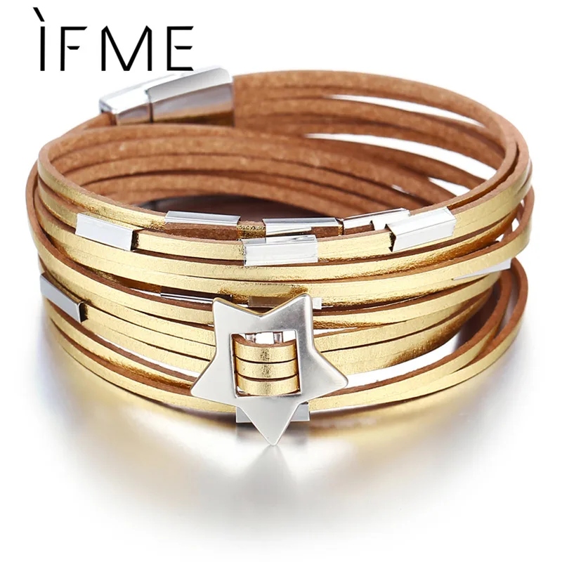 

IF ME Charms Multilayers Star Gold Silver Color Leather Bracelet For Women Pentagram Bracelets Bangles Female Jewelry 2019 New