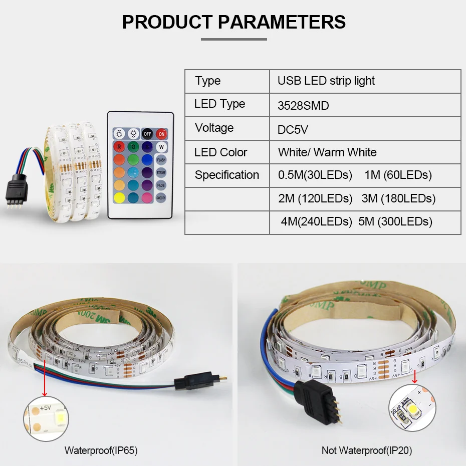 Светодиодная лента SMD3528 60LED s/m 5V меняющая цвет Гибкая веревочная 0 5 m 5m для ПК ТВ