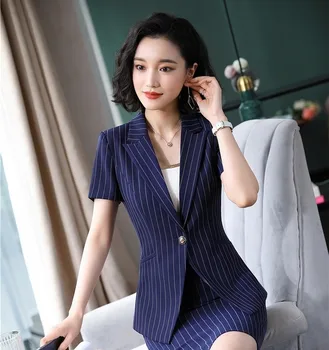 

Fashion Striped OL Styles Business Women Short Sleeve Blazers and Jackets Coat Office Ladies Work Wear Female Outwear Tops